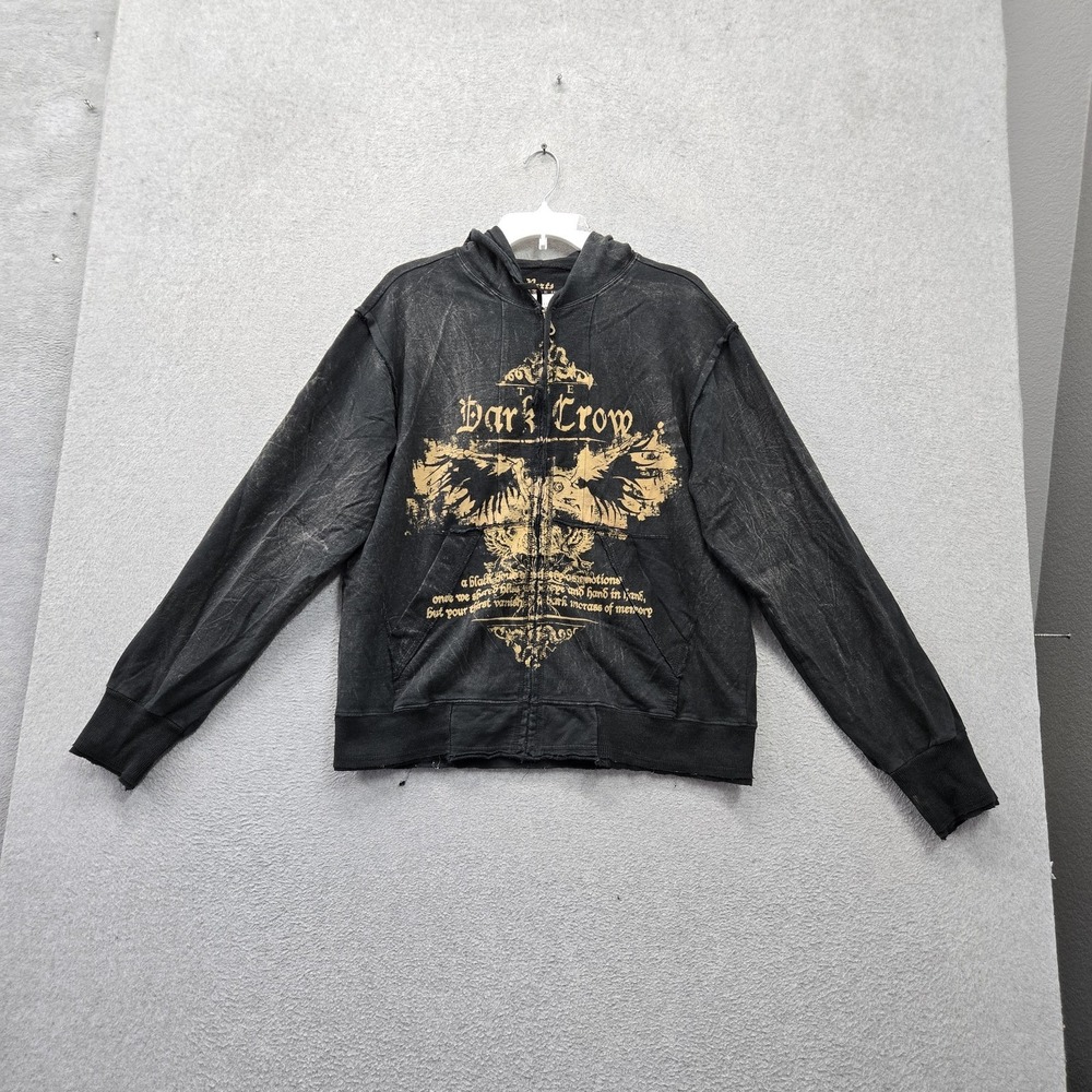 Parts Men Hoodie XL Black The Dark Crow Graphic Print Goth Grunge Mineral Wash